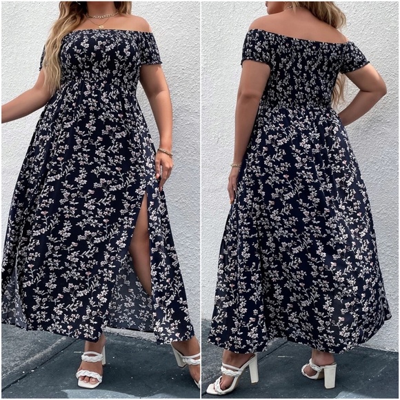 Plus Navy Blue Floral Print Off Shoulder Maxi Dress - Picture 3 of 5